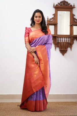 SetuMaalik Woven, Embellished, Self Design, Striped Banarasi Cotton Silk, Jacquard Saree(Purple)