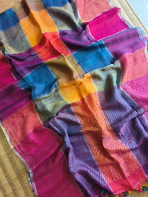 AMIT STORE Blocked Printed Handloom Cotton Linen Saree(Multicolor)