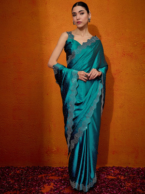 Divastri Embellished Bollywood Satin, Silk Blend Saree(Dark Blue)