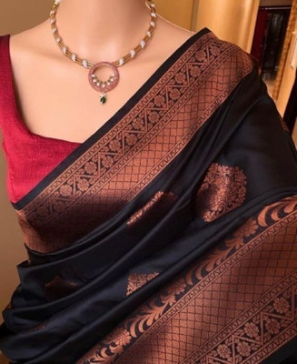 Krunal Enterprise Self Design Banarasi Silk Blend Saree(Black)