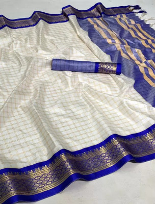 yourwish Woven, Checkered, Embellished, Self Design Daily Wear Jacquard, Cotton Silk Saree(White, Blue)
