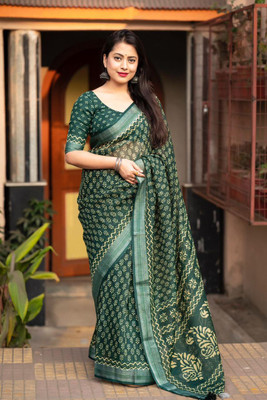 STAVA CREATION Printed Bollywood Linen Saree(Green)