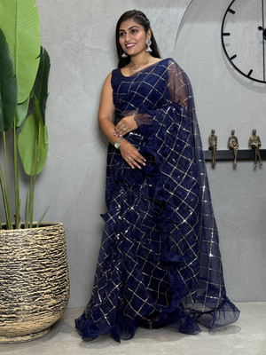 Zintargo Embroidered Bollywood Net Saree(Blue)