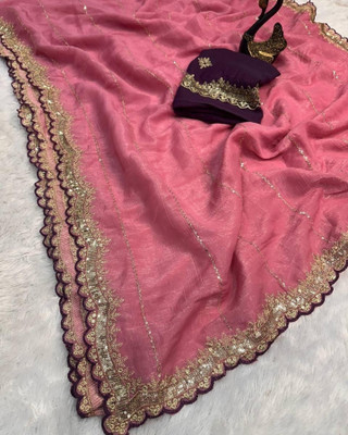 JJ FASHION Embroidered Bollywood Jimmy choo Saree(Pink)