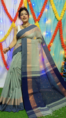 saree star Self Design Handloom Cotton Silk Saree(Grey)
