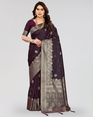 ANIRAV Printed Banarasi Cotton Silk Saree(Purple)