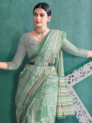 Sareemall Printed Daily Wear Pure Cotton Saree(Light Green)