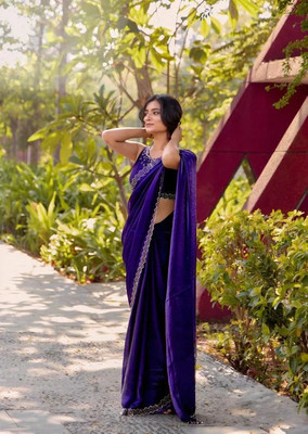 HARIOM CREATION Solid/Plain, Self Design, Geometric Print, Paisley Saree with Attached Blouse Satin Saree(Purple)