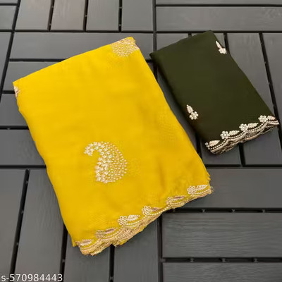 LAJEELEE Embroidered Bollywood Georgette Saree(Yellow)