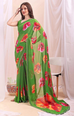 Leelavati Printed, Embellished, Embroidered Daily Wear Chiffon Saree(Light Green)