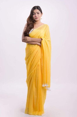JHIILU Solid/Plain Handloom Cotton Blend Saree(Yellow)
