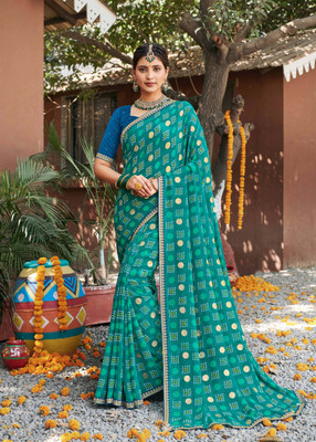 Laxmipati sarees Printed Bandhani Georgette Saree(Blue)