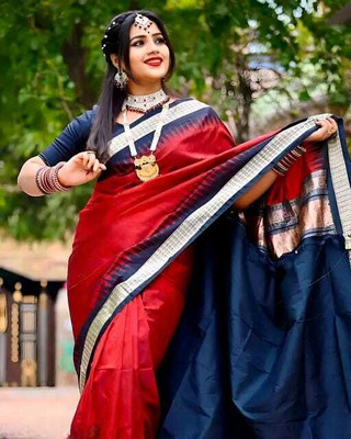 shree ambaji saree Solid/Plain, Temple Border Sambalpuri Silk Blend Saree(Red)