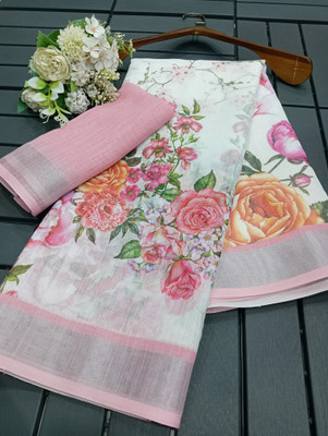 HouseOfCommon Solid/Plain Bollywood Linen Saree(Pink)