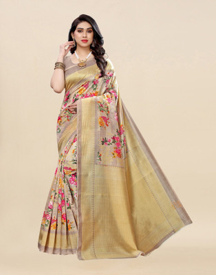 Grubstaker Printed, Digital Print, Embellished, Woven, Floral Print, Checkered Kanjivaram Cotton Silk Saree(Brown)
