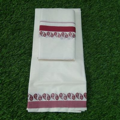 KERALA STYLE COTTON SAREE Printed Daily Wear Pure Cotton Saree(White)