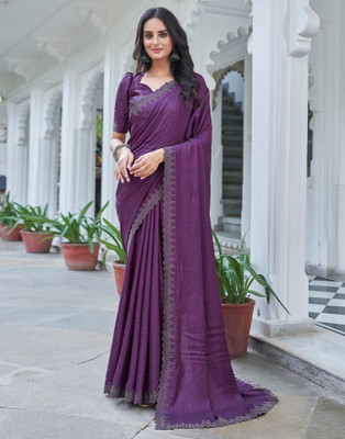all about you Dyed, Embellished, Solid/Plain Bollywood Satin Saree(Purple)