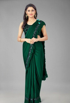 Kiyans Self Design Bollywood Lycra Blend Saree(Dark Green)