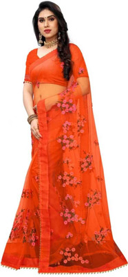 skyfiesta Embroidered KHASI DHARA CONTRAST Net Saree(Orange)