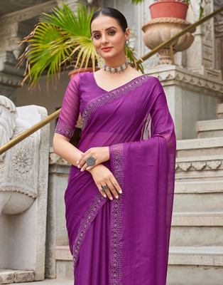 Samah Dyed, Embellished Bollywood Chiffon, Georgette Saree(Purple, Silver)