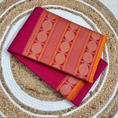 PK TRENDY COLLECTIONS Woven, Solid/Plain, Striped, Geometric Print, Self Design Kanjivaram Pure Cotton Saree(Pink)
