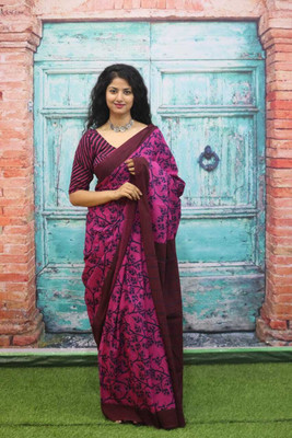 Craftmusium Printed, Color Block, Blocked Printed, Floral Print, Dyed Daily Wear Pure Cotton Saree(Pink)