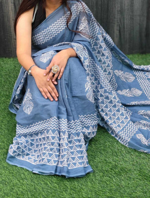 HIYAMI Printed Kanjivaram Cotton Linen Saree(Blue, Grey)