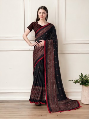 Divastri Printed Bollywood Cotton Jute Saree(Black, Red)