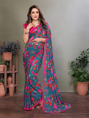 Anmi Floral Print Daily Wear Georgette Saree(Blue, Red)