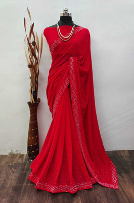 DHINITA Solid/Plain Bollywood Georgette Saree(Red)