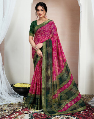 SIRIL Printed, Embellished Bandhani Chiffon, Georgette Saree(Green, Pink)