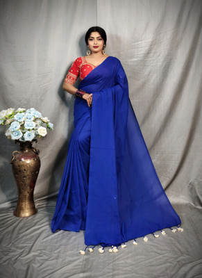 HouseOfCommon Solid/Plain Handloom Pure Cotton Saree(Blue)