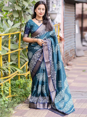 Anouk Rustic Printed Daily Wear Silk Blend Saree(Blue)