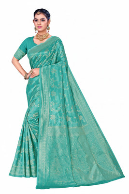 sarees Woven, Geometric Print, Floral Print, Self Design Banarasi Cotton Silk Saree(Green)