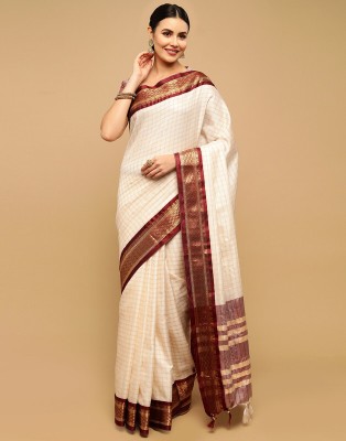 Divastri Embellished, Woven, Checkered Kanjivaram Silk Blend Saree(White, Brown)