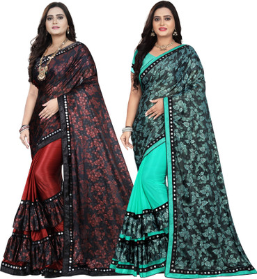 DECOFIN Embellished, Floral Print Bollywood Lycra Blend Saree(Pack of 2, Red, Light Green)