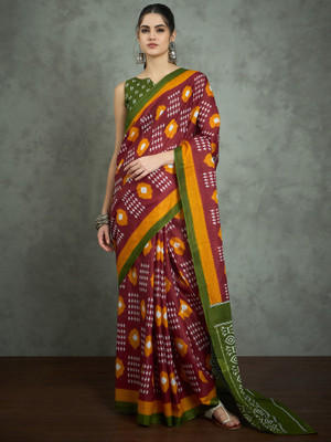 Tasrika Printed Ikkat Cotton Blend Saree(Maroon)