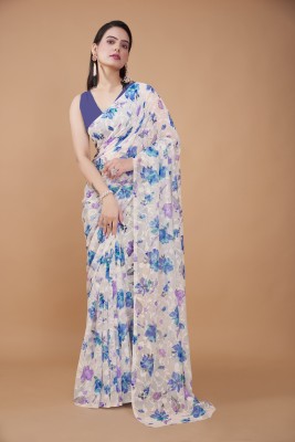 GARDEN VARELI Floral Print Bollywood Brasso Saree(Blue)