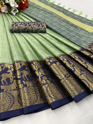 KanjiQueen Printed Kanjivaram Cotton Silk, Silk Blend Saree(Light Green, Dark Blue)