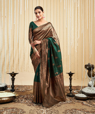 Samah Self Design Kanjivaram Silk Blend Saree(Dark Green, Brown)