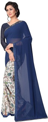 RAJESHWAR FASHION Printed, Self Design, Floral Print Bollywood Georgette Saree(Dark Blue, White)