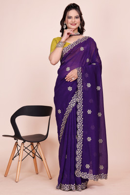 V AMAN FASHION Solid/Plain, Self Design, Embroidered Bollywood Chiffon, Jimmy choo Saree(Purple)