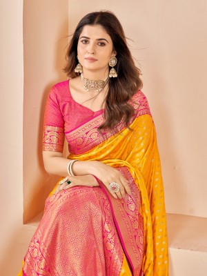 Valley Printed Banarasi Cotton Silk Saree(Yellow, Pink)