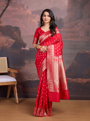 House of Pataudi Woven Banarasi Silk Blend Saree(Red, Gold)