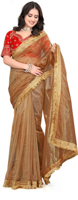 Brahmani Creation Embroidered Daily Wear Net Saree(Brown)