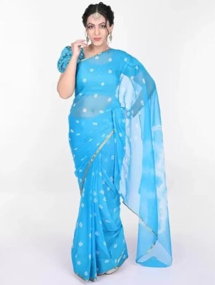 Durga Emporio Geometric Print Bandhani Chiffon Saree(Light Blue)