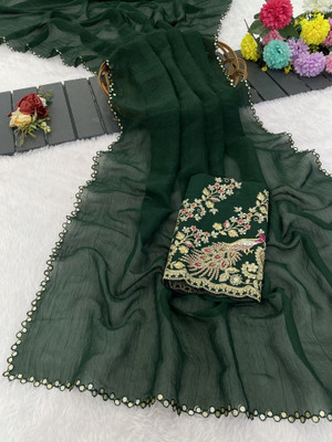 K 5 FASHION Embroidered Bollywood Tissue Saree(Dark Green)