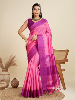 PeachPetals Striped Banarasi Jacquard Saree(Cream, Maroon)