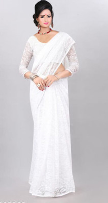 NORAFLEX Embroidered Bollywood Net Saree(White)