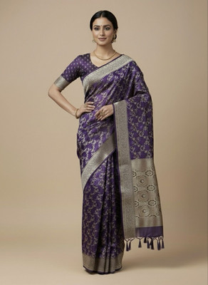 VIDRA Woven Saree with Attached Blouse Satin, Brocade Saree(Purple)